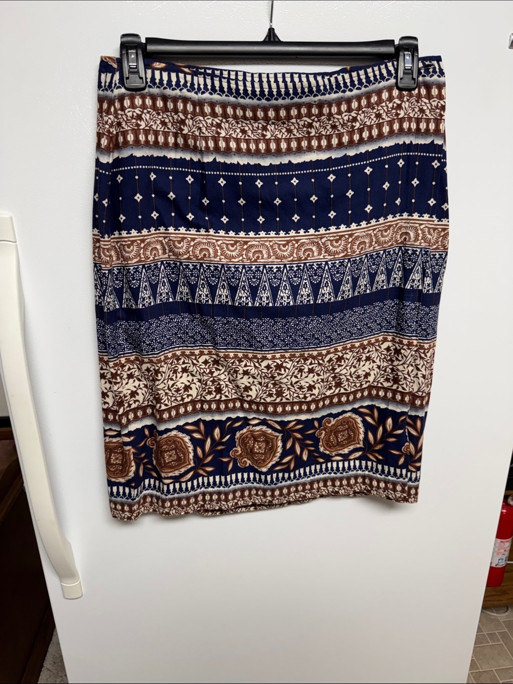 Navy and Brown Printed Stretch Wrap Skirt